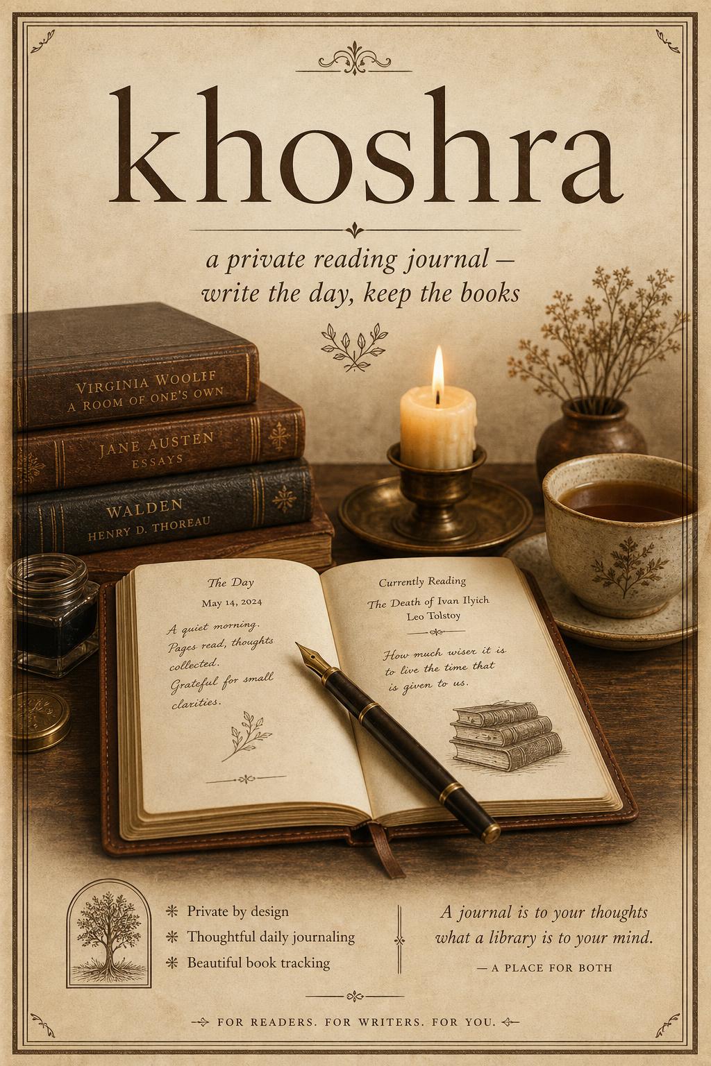 Khoshra poster — a warm vintage library scene for the journal-first reading ledger